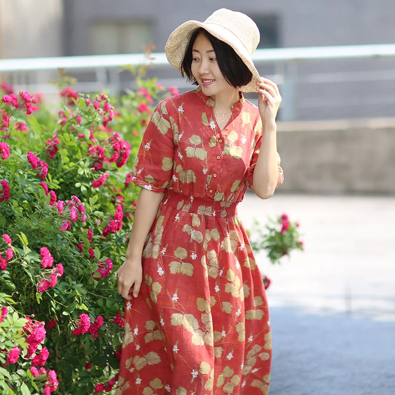 Red Floral Linen Women Dresses Short Sleeve Spring Summer Women Tops WC961849