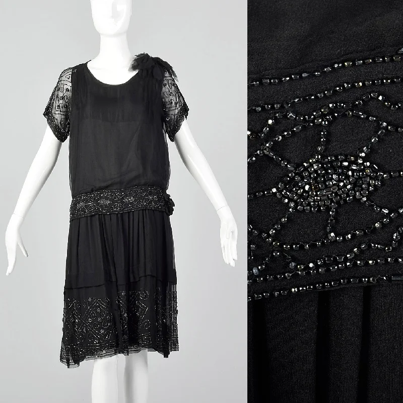 1920s Black Silk Chiffon Dress with Steel Beads