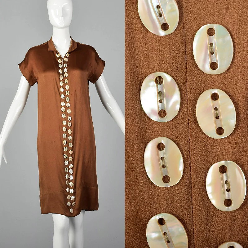 1920s Brown Silk Dress with Mother of Pearl Buttons