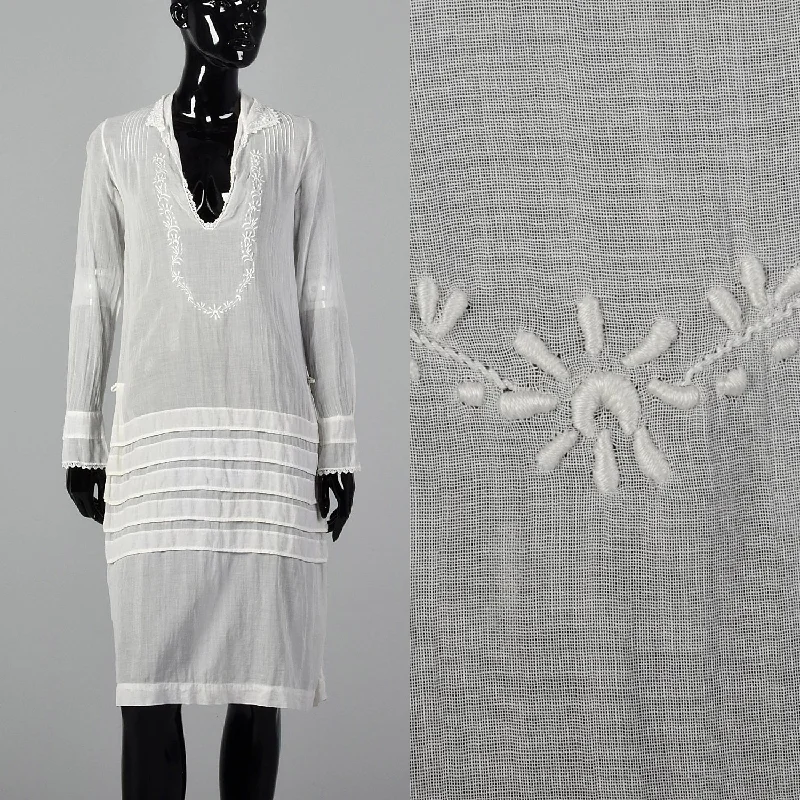 1920s Sheer White Embroidered Cotton Dress