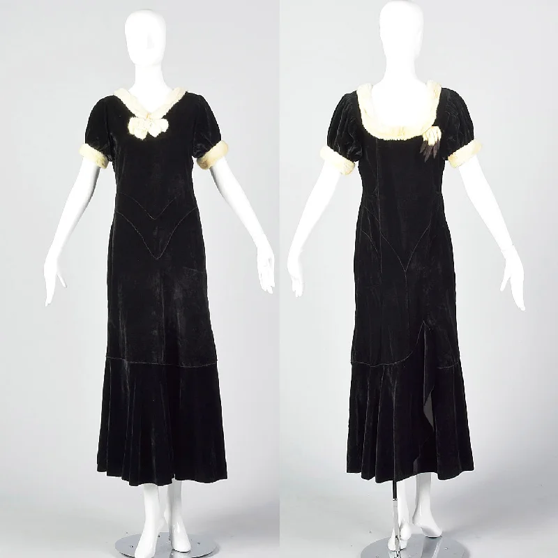 1930s Black Velvet Dress with Fur Collar