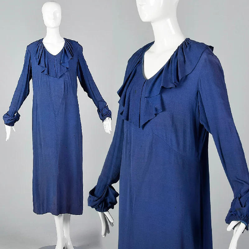 1930s Blue Dress with Ruffle Neckline