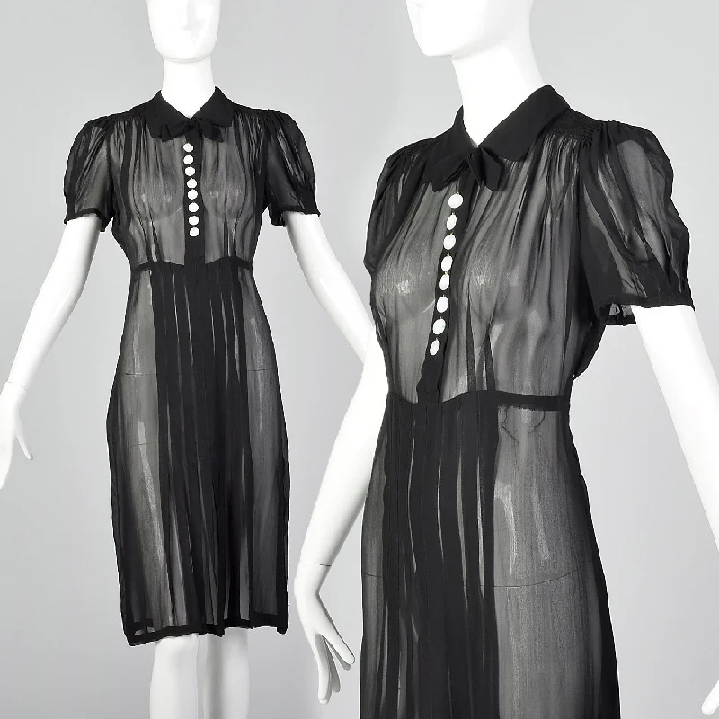 1930s Sheer Black Pleated Dress