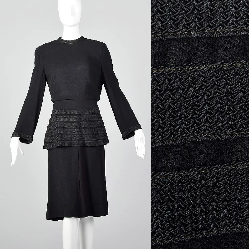 1940s Black Peplum Dress with Woven Stripe Trim