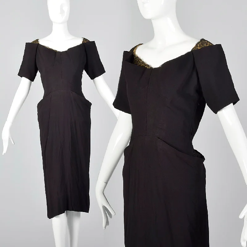 1940s Black Rayon Dress with Gold Trim