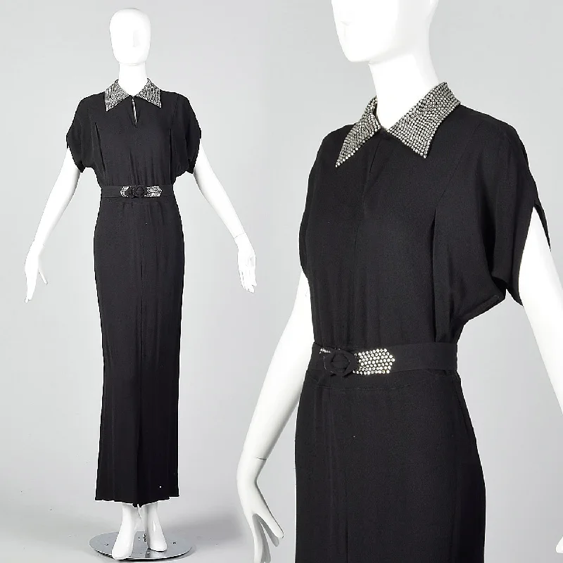 1940s Black Rayon Dress with Rhinestone Collar