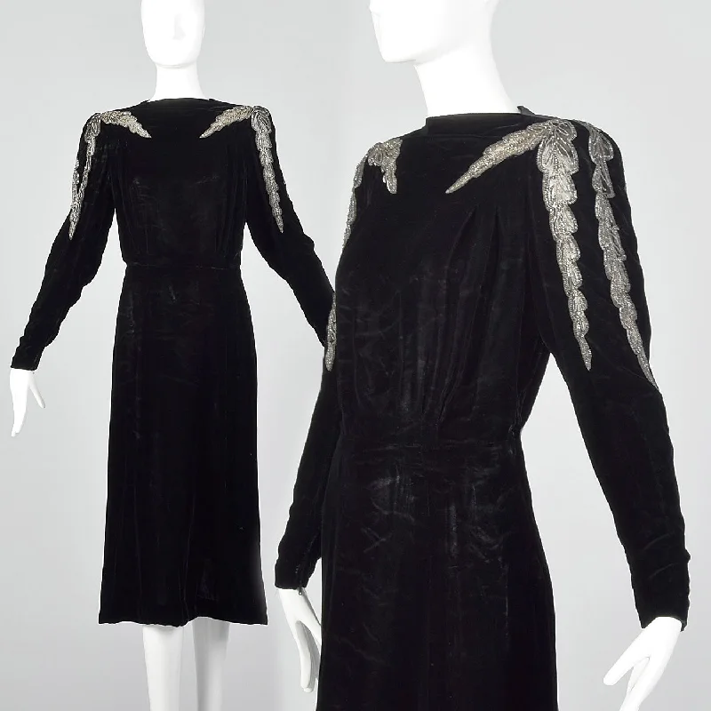 1940s Black Velvet Dress with Sheer Sleeve Design