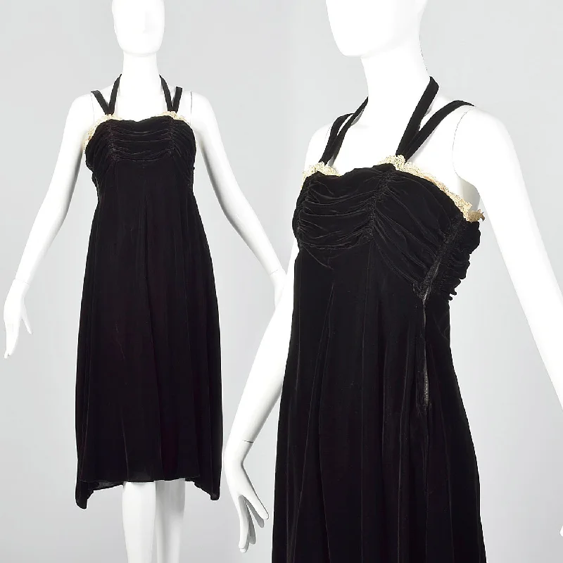 1940s Black Velvet Halter Dress with Ruched Bodice