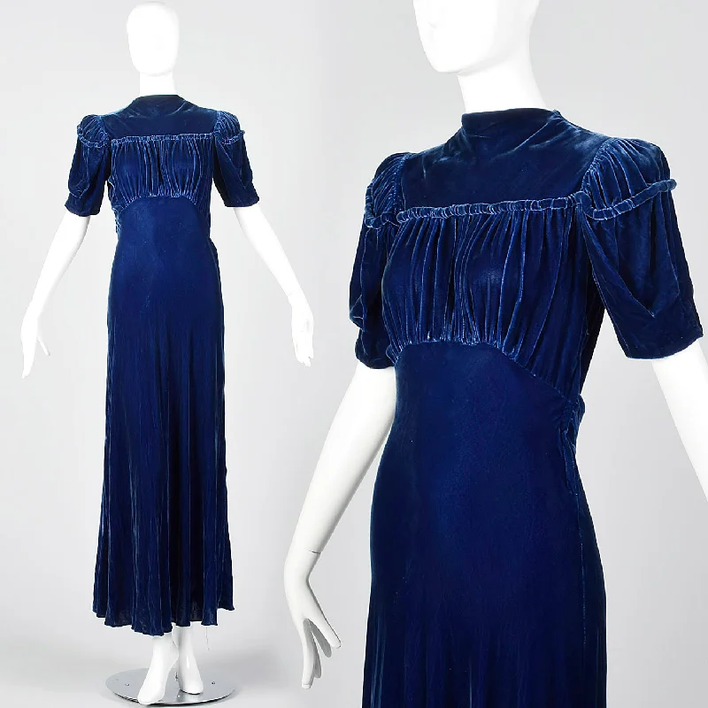 1940s Blue Silk Velvet Gown with Gathered Bust