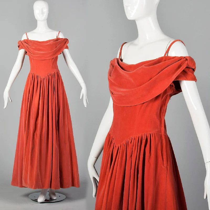 1940s Coral Velvet Evening Gown