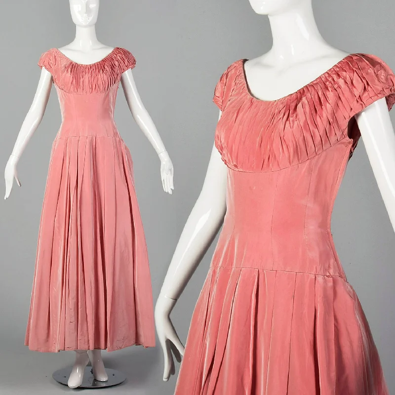 1940s Pink Taffeta Pleated Dress