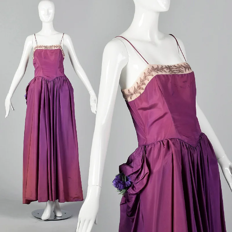 1940s Purple Taffeta Gown with Beaded Neckline