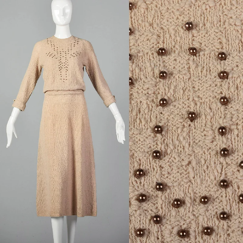 1940s Taupe Knit Dress with Beaded Bust