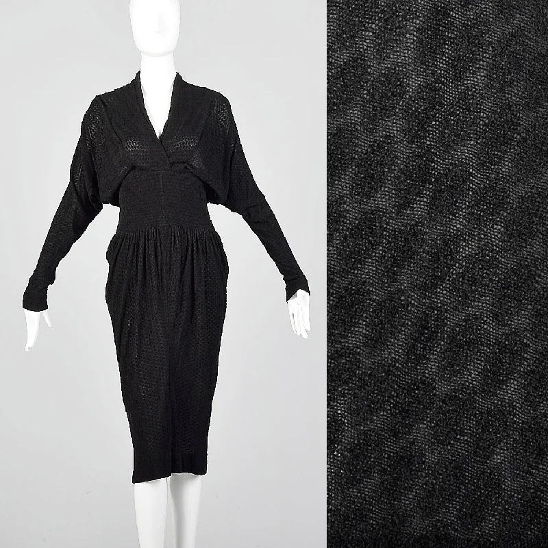 1950s Black Dolman Sleeve Dress with Unique Texture