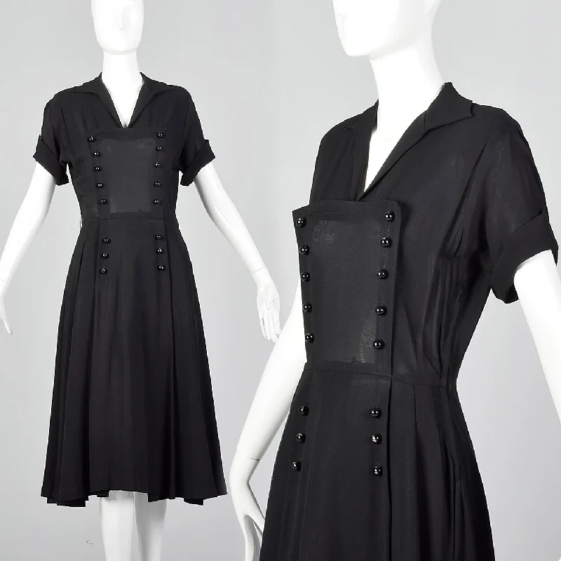 1950s Black Dress with Double Breasted Decorative Buttons