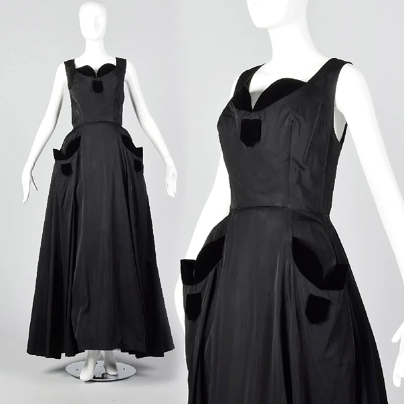 1950s Black Full Length Gown with Velvet Trim