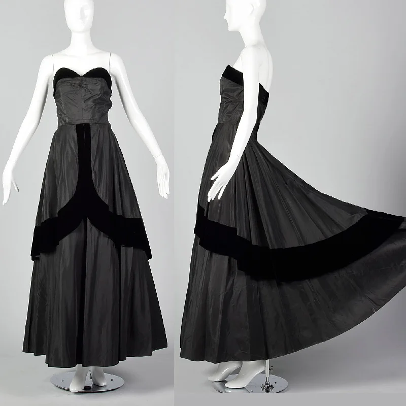 1950s Black Taffeta Evening Dress with Velvet Trim