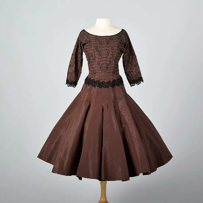 1950s Brown Taffeta Dress with Black Beading