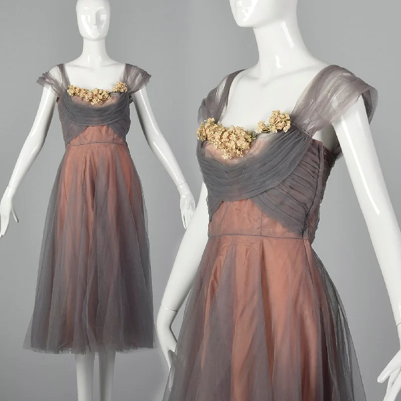 1950s Gray and Pink Mesh Dress with Faux Flower Bust