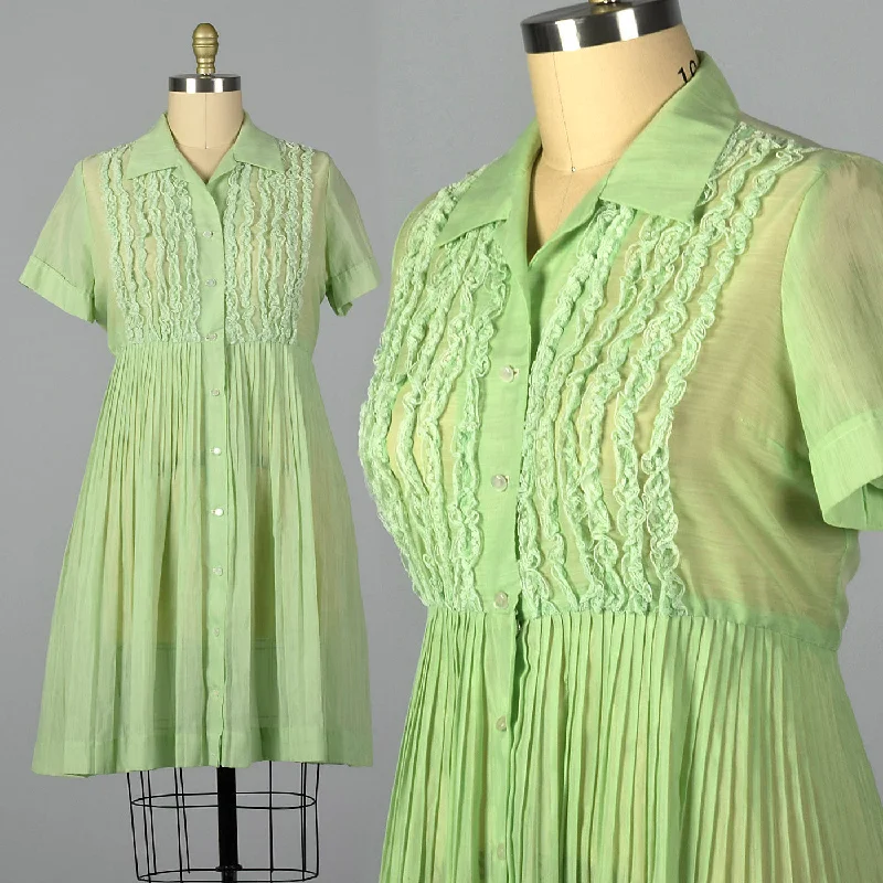 1950s Sheer Green Dress with Ruffle Bodice