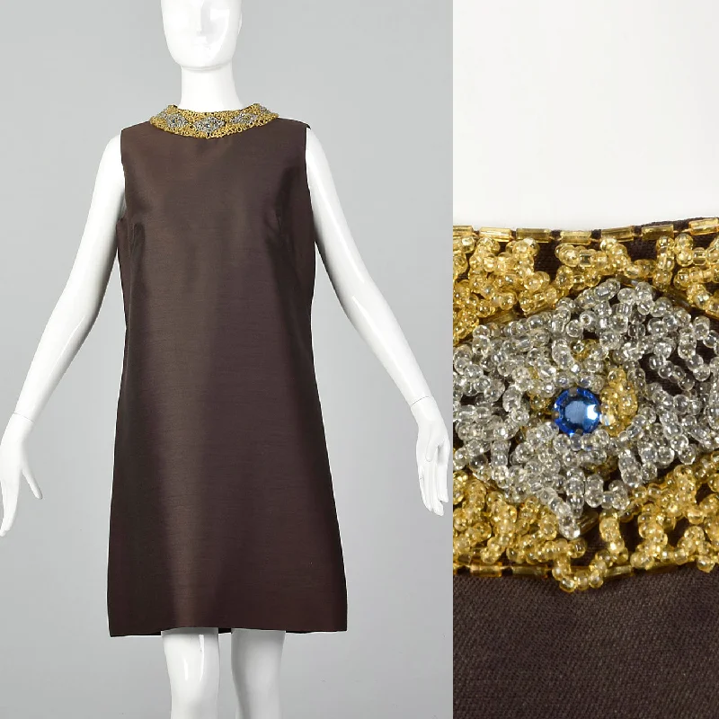 1960s Brown Shift Dress with Beaded Collar