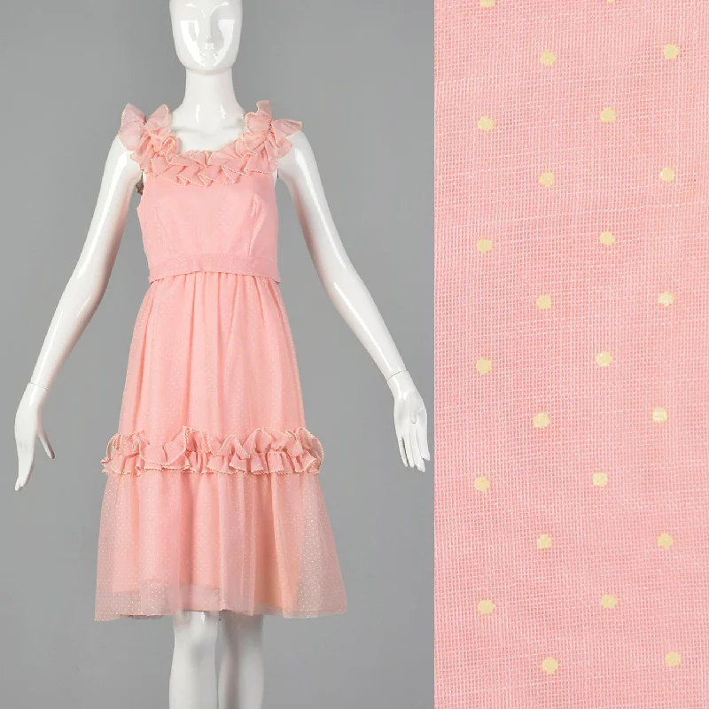 1960s Pink Swiss Dot Dress with Ruffle Trim