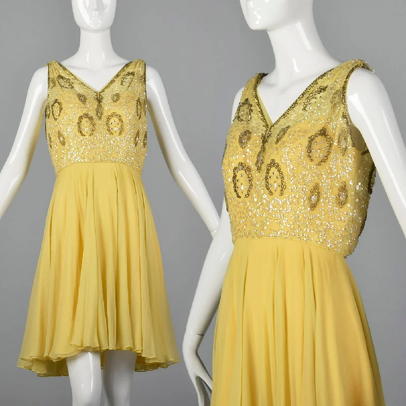 1960s Yellow Chiffon Beaded Dress