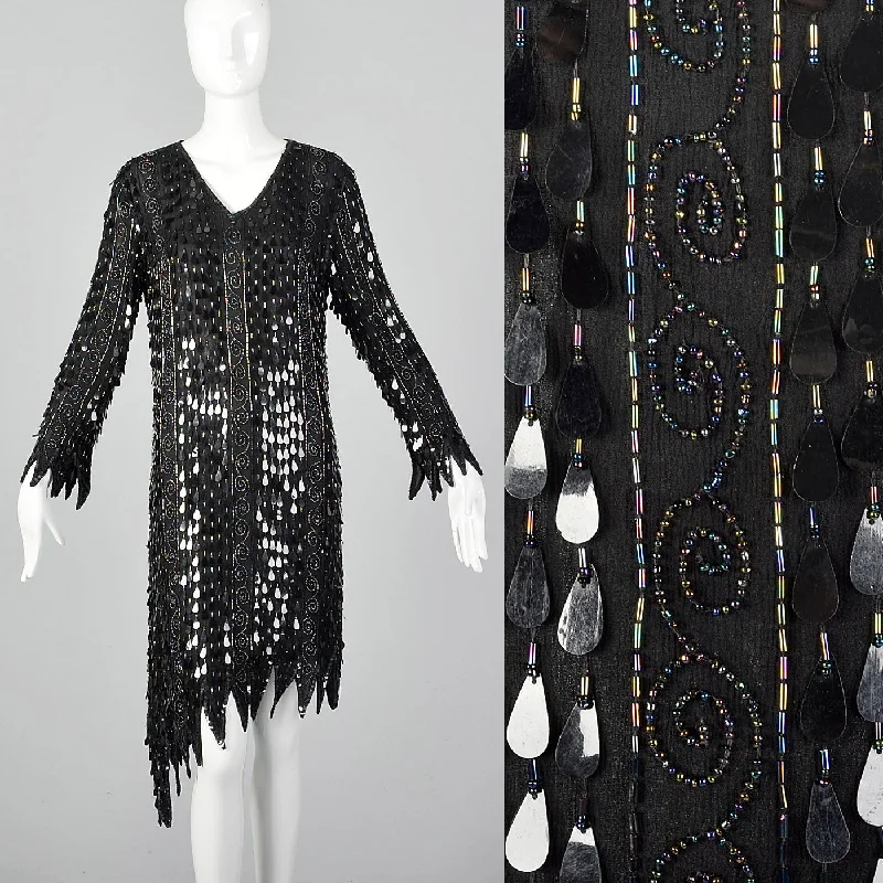 1970s Frank Usher Black Beaded Silk Dress