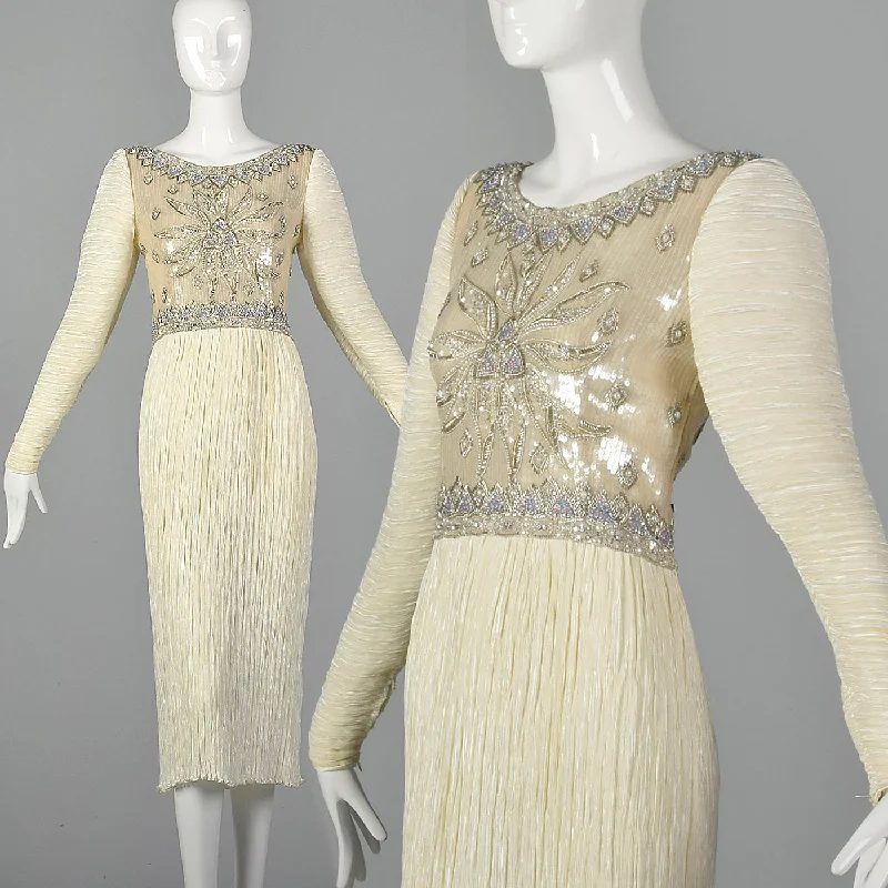 1970s Mary McFadden Couture Beaded and Pleated White Dress