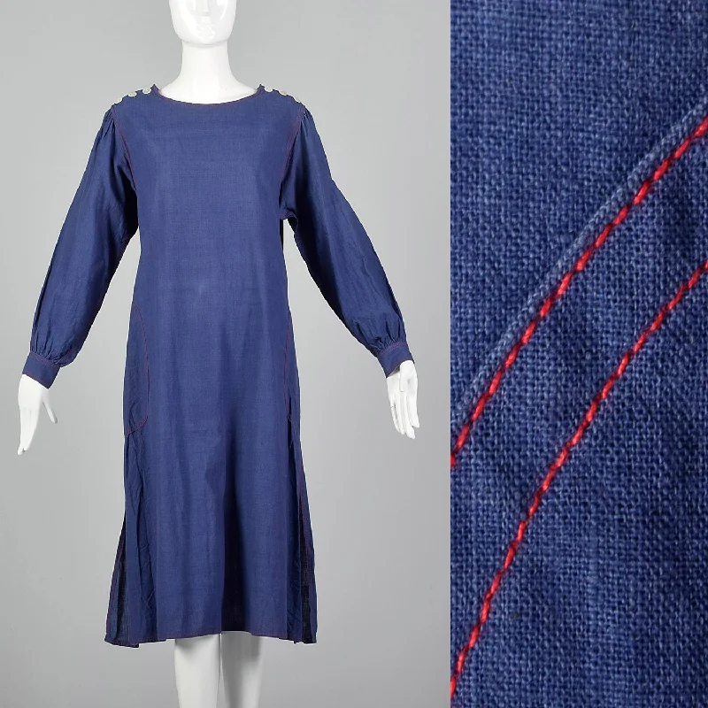 1970s Yves Saint Laurent Rive Gauche Loose Chambray Dress with Red Topstitch