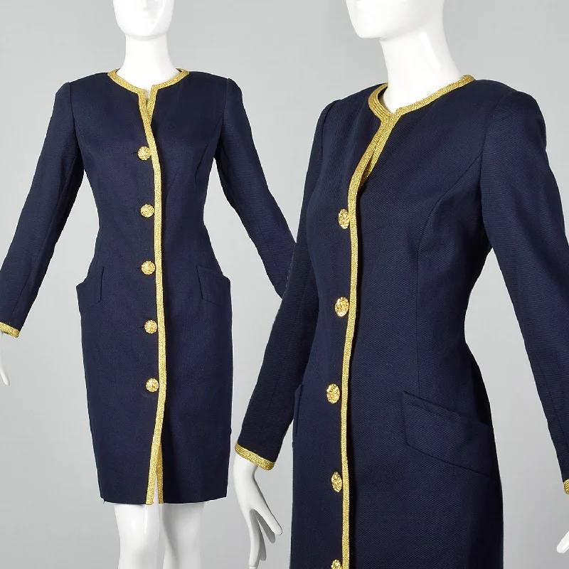 1980s Bill Blass Navy Dress with Gold Tone Metal Braided Trim