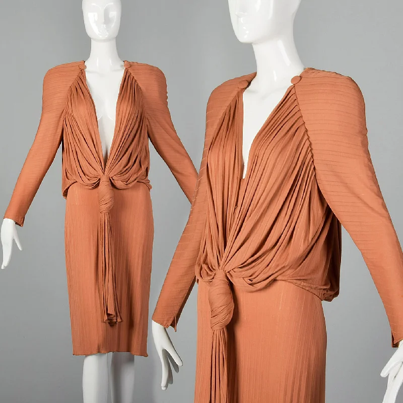 1980s Brown Silk Jersey Draped Dress