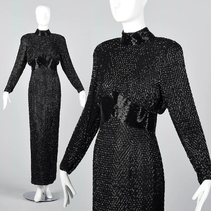 1980s Oleg Cassini Silk Beaded Black Evening Dress