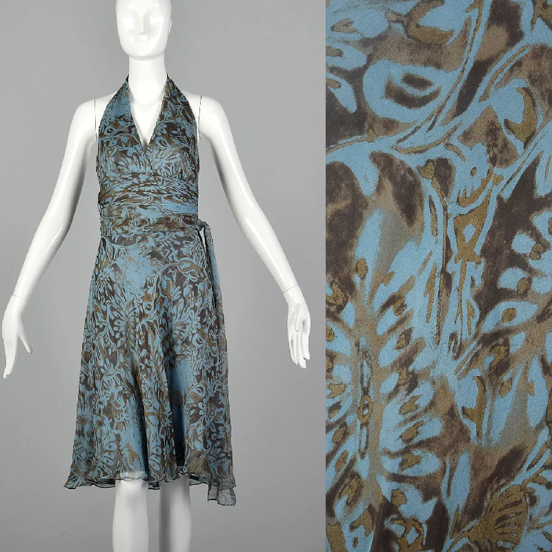 1990s Carmen Marc Valvo Blue Silk Hater Dress with Waist Sash