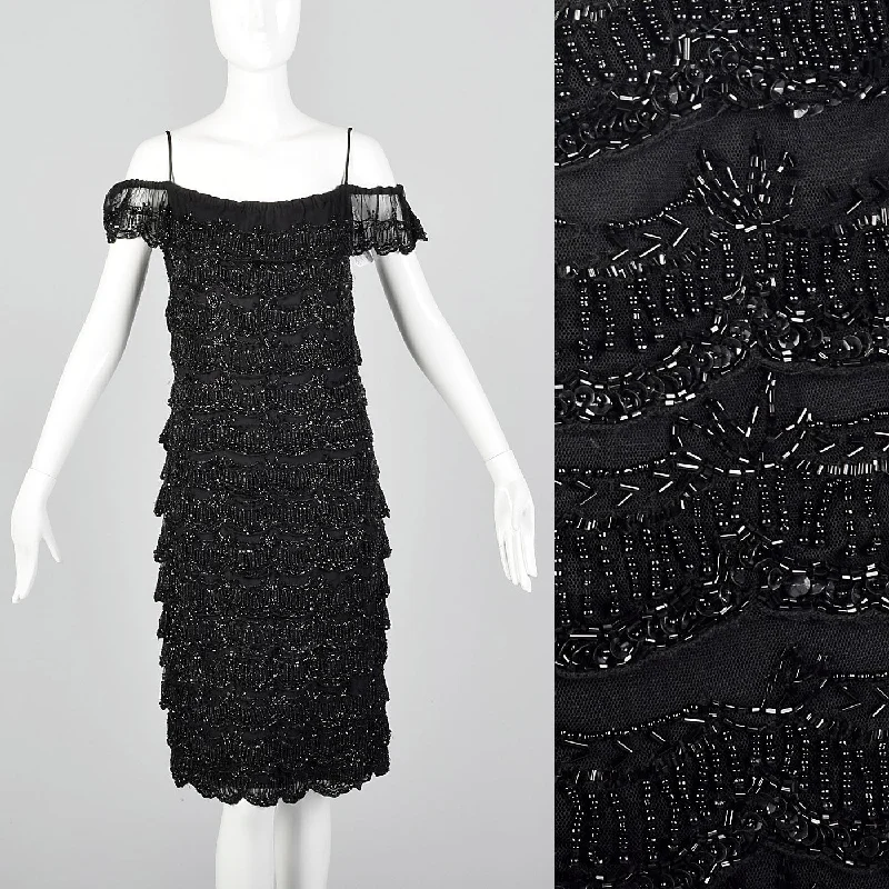 1990s Off Shoulder Beaded Dress with Layered Ruffles