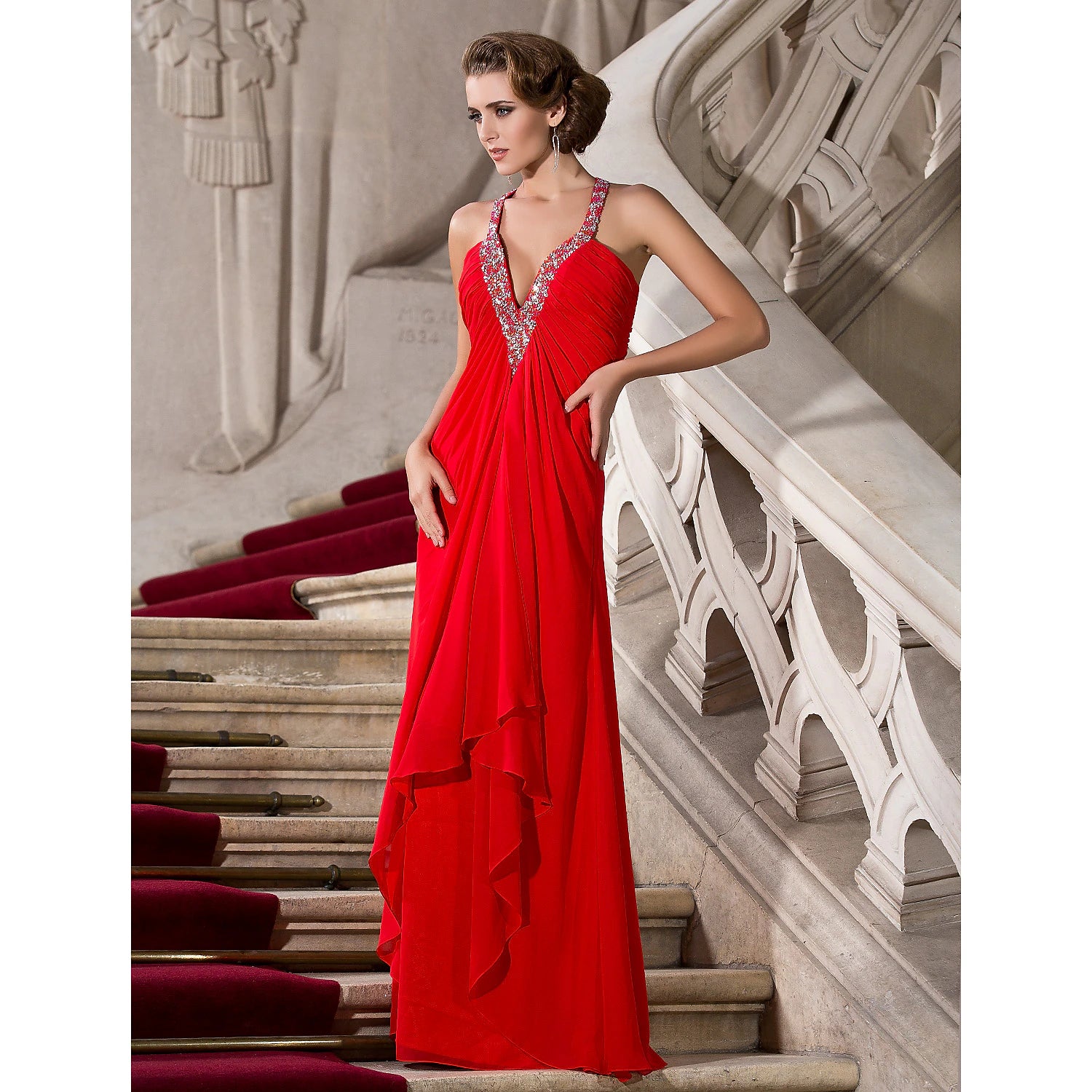 A-Line Celebrity Style Dress Formal Evening Military Ball Floor Length Sleeveless Plunging Neck Chiffon with Beading