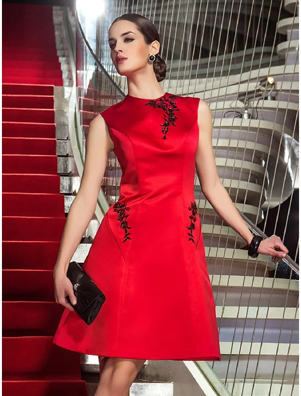 A-Line Elegant Dress Christmas Homecoming Knee Length Sleeveless Jewel Neck Satin with Beading Appliques