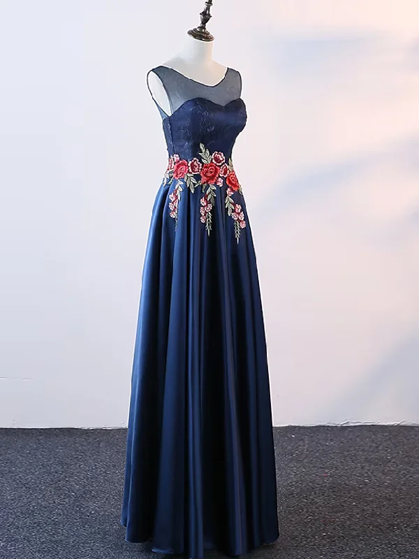 A-Line Evening Gown Elegant Dress Prom Floor Length Sleeveless Jewel Neck Satin with Embroidery Appliques