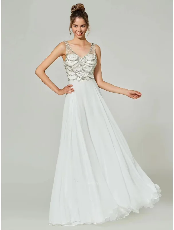 A-Line Evening Gown Open Back Dress Formal Floor Length Sleeveless V Neck Chiffon with Rhinestone