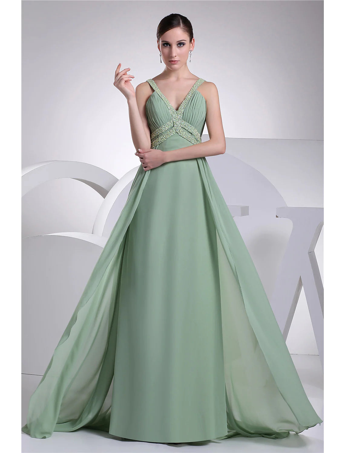 A-Line Evening Gown Sparkle Dress Formal Evening Floor Length Sleeveless Spaghetti Strap Chiffon with Beading