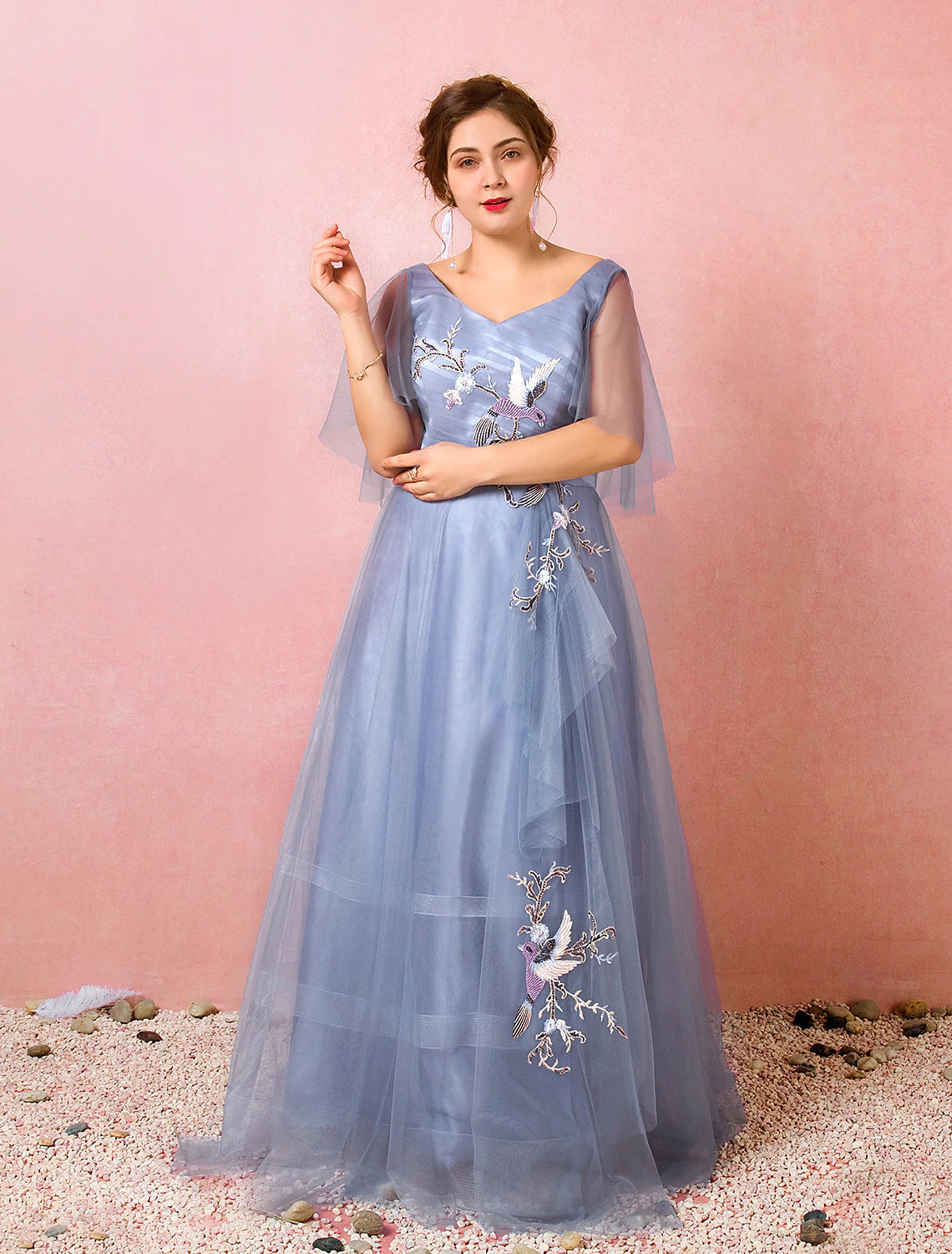 A-Line Prom Dresses Chinese Style Dress Prom Floor Length Half Sleeve V Neck Satin with Ruched Embroidery