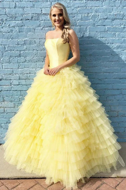 DingJiDress Quinceanera Dresses Elegant Strapless Floor Length Yellow Prom Dresses Ball Gown