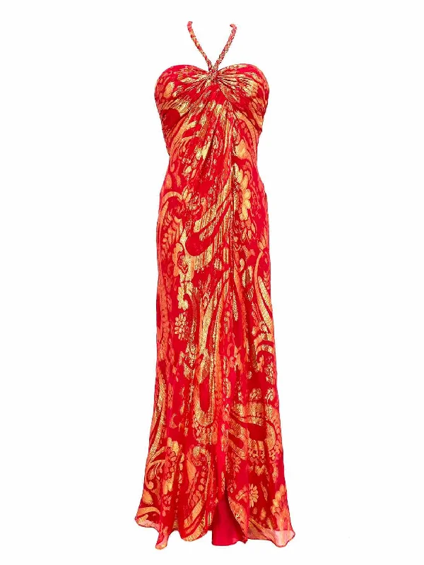 Aidan Mattox Women's Red/Gold Halter Silk Blend Abstract Prom Size 10 Gown