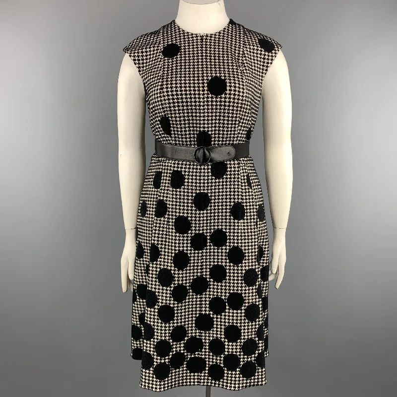 AKRIS Size 12 Black & Beige Polka Dot Houndstooth Belted Shift Dress