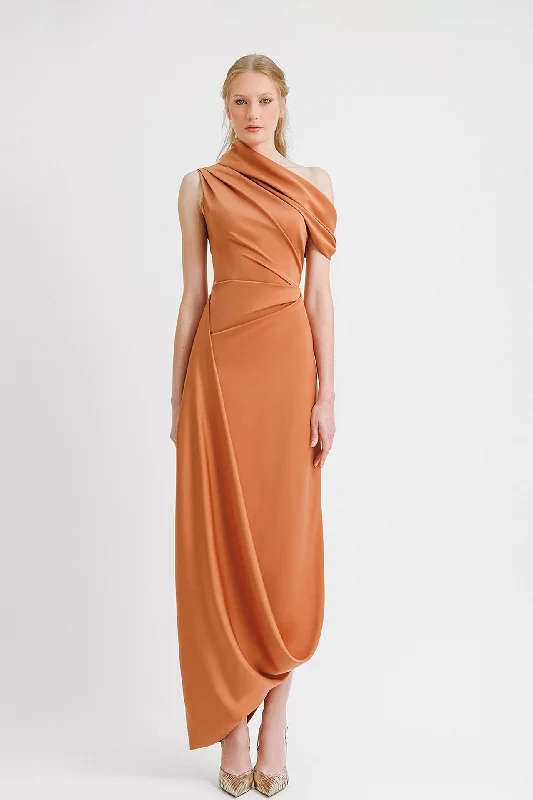 Asymmetrical satin dress with pleats