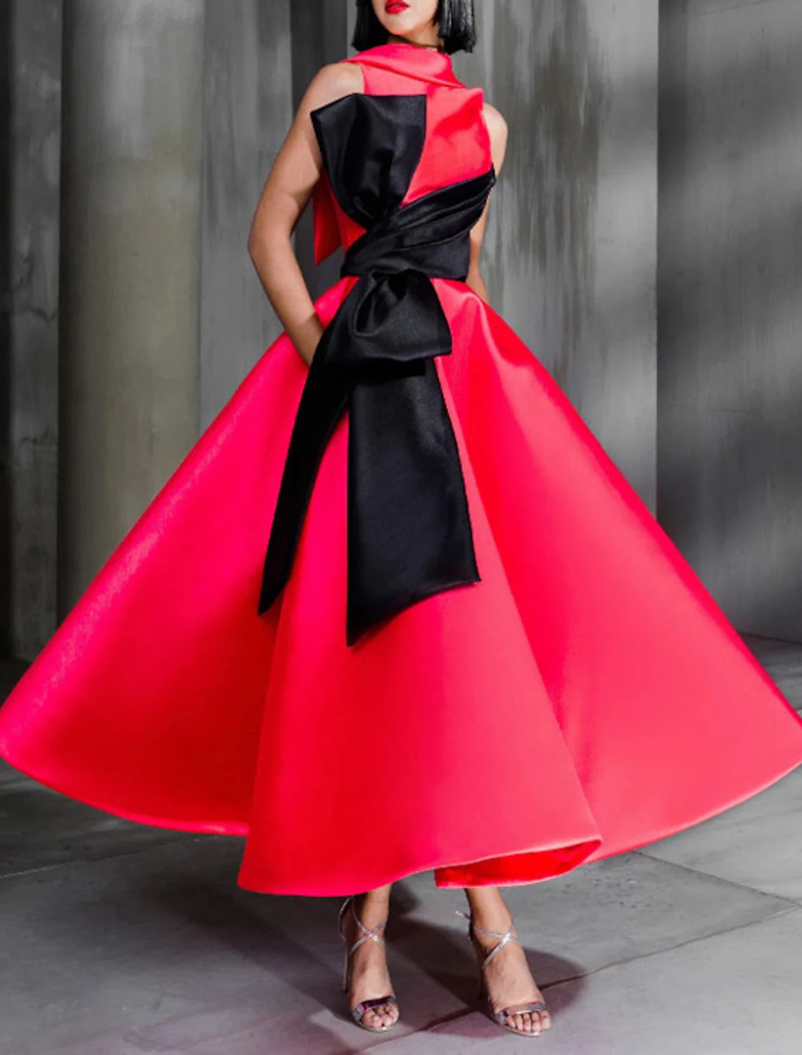 Ball Gown Color Block Celebrity Style Elegant Prom Formal Evening Birthday Dress High Neck Sleeveless Ankle Length Satin with Bow(s)