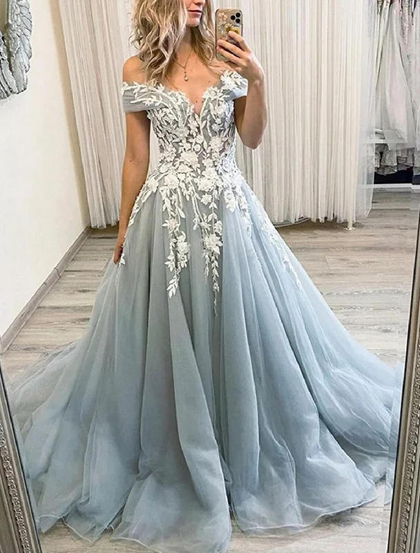 Ball Gown Prom Dresses Princess Dress Formal Prom Floor Length Sleeveless Off Shoulder Organza Backless with Pleats Appliques