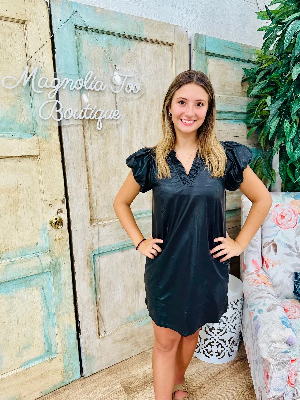 Black Faux Leather Dress w/Pockets