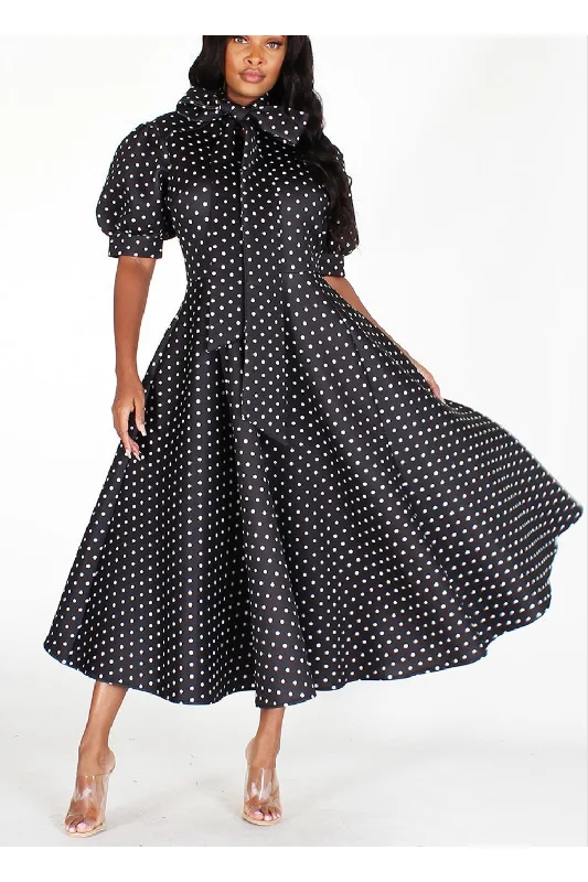 Polkadot Puff Sleeve Bow Dress