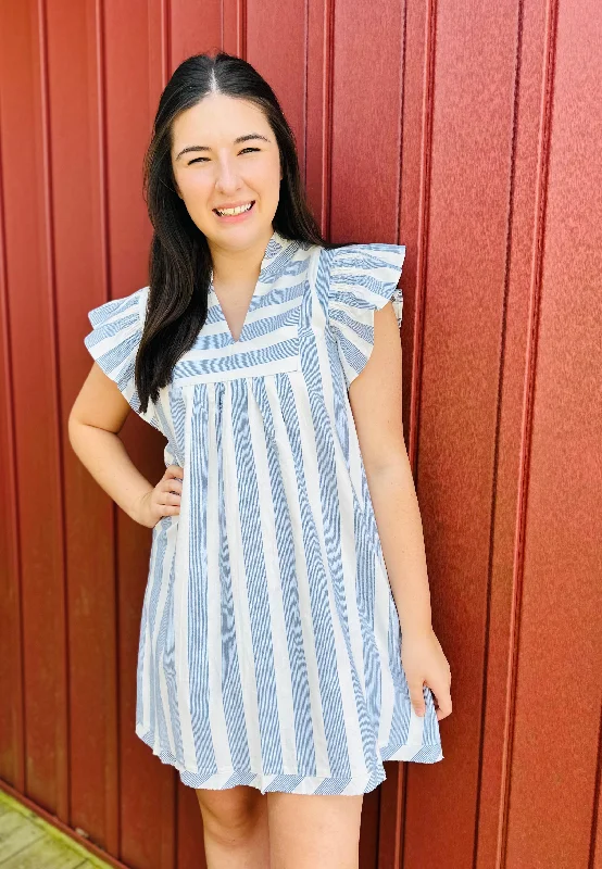 Blue Stripe V-Neck Dress